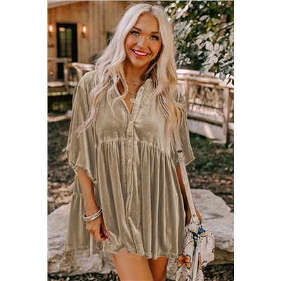 Pale Khaki 3/4 Sleeve Tunic Babydoll Velvet Shirt