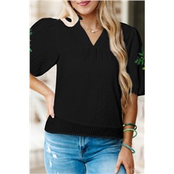 Black Floral Embroidered Puff Sleeve Notched Neck Blouse