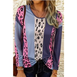 Color Block Leopard Long Sleeve Blouse