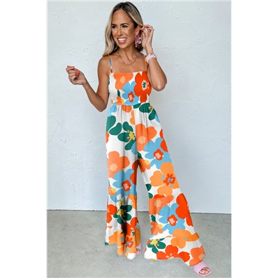 Orange Floral Spaghetti Straps Smocked Wide Leg Jumpsuit