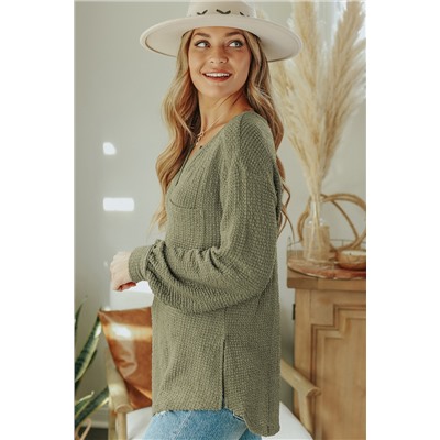 Green Waffle Knit Split Neck Pocketed Loose Top