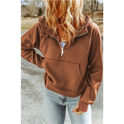 Brown Quarter Zip Kangaroo Pocket Hoodie