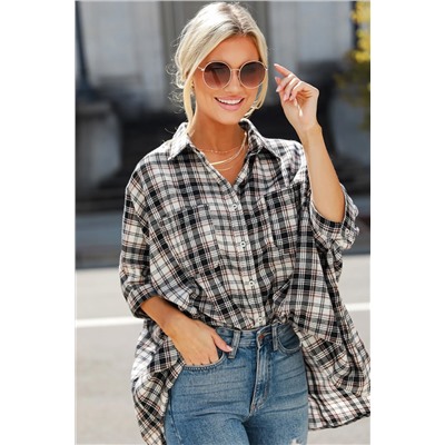 Black Plaid Print Chest Pockets Oversize Shirt