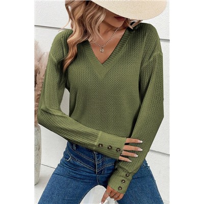 Jungle Green Textured Knit V Neck Button Cuffs Long Sleeve Top