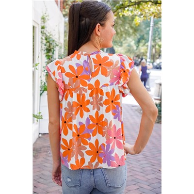 Orange Ruffled Sleeve Smocked Floral Top