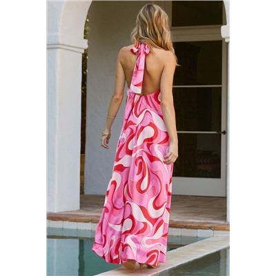 Розовое платье-сарафан с абстрактным принтом и открытой спиной