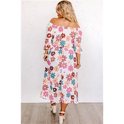 White Plus Size Flower Print Smocked Off Shoulder Dress