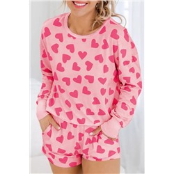 Pink Valentine Heart Shape Print Long Sleeve Top Shorts Lounge Set