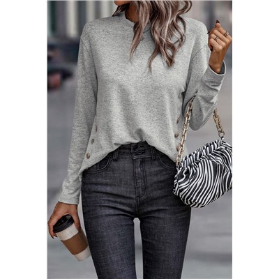 Gray Side Buttons Crew Neck Knit Top