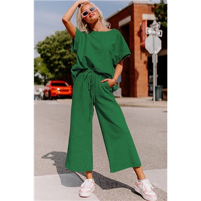 Dark Green Textured Loose Fit T Shirt and Drawstring Pants Set