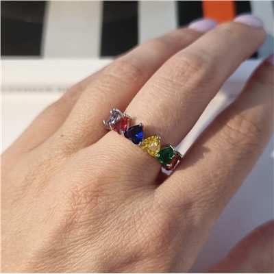 Кольцо с разноцветными фианитами, цвет серебристый, размер 19, арт.706.379