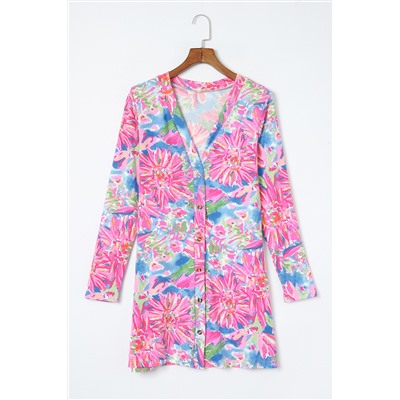 Pink Flower Print Long Sleeve Button Up Cardigan