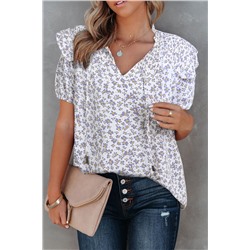 Purple Floral Print Smocked Ruffled V Neck T-shirt