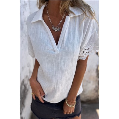 White Crinkled Lace Splicing Sleeve Collared V Neck Blouse