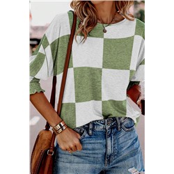 Grass Green Mix Checkered Print Shirred Cuffs Blouse