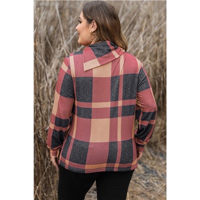 Mineral Red Plus Size Plaid Print Button Decor Asymmetric Neck Top