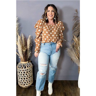 Khaki Plus Size Polka Dot Ruched Neckline Puff Sleeve Blouse