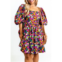 Purple Plus Size Printed Puff Sleeve Short Flare Dress