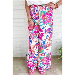 Rose Red Boho Flower Print Loose Wide Leg Pants