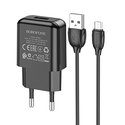 Адаптер Сетевой с кабелем Borofone BA64A (повр. уп.) USB 2,1A/5W (USB/Micro USB) (black)