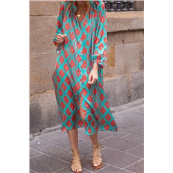 Бирюзовое платье-сорочка с геометрическим принтом и длинным рукавом