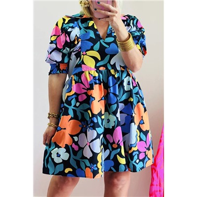 Blue Split Neck Collared Plus Floral Dress