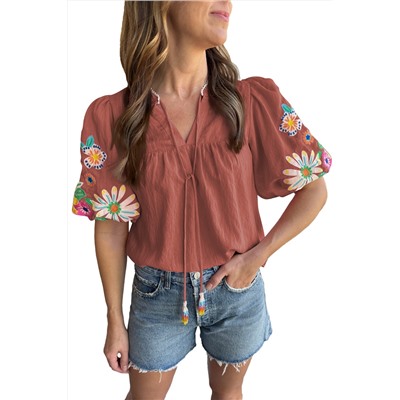 Mineral Red Floral Embroidered Puff Sleeve Split Neck Blouse