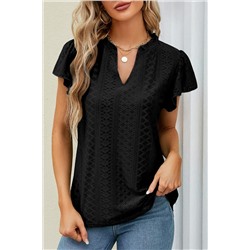 Black Eyelet Lace Textured V Neck Flutter Blouse