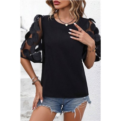 Black Contrast Applique Mesh Half Sleeve Blouse