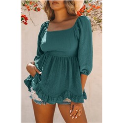 Green Ruffled Smocked 3/4 Sleeve Square Neck Blouse