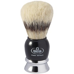 Помазок для бритья Omega 11648 Pure bristle shaving brush. Натуральная щетина, имитация барсука. (ручка Черная/ Серебро) (Италия)