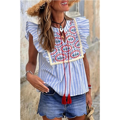 Sky Blue Stripe Geo Pattern Embroidered Tassel Flutter Blouse