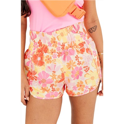 Orange Boho Floral Shirred High Waist Casual Shorts