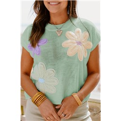 Moonlight Jade Multi Crochet Flower Knit Short Sleeve Sweater Top