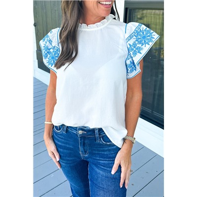 White Embroidered Ruffled Sleeve Frilled Collar Blouse