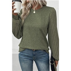 Jungle Green Contrast Ribbed Bishop Sleeve Top