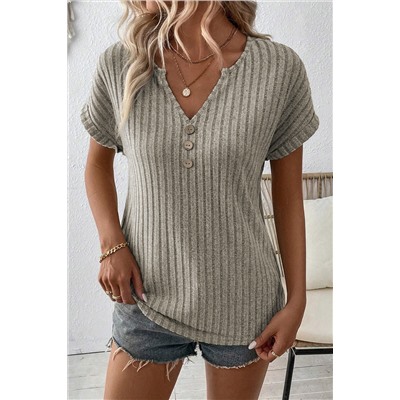 Parchment Wide Ribbed Notched V Neck Button Decor T shirt