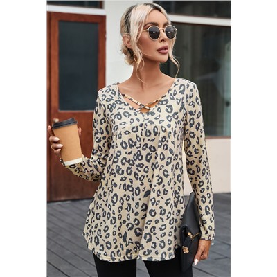 Leopard Animal Print Crisscross Neck Flowy Top