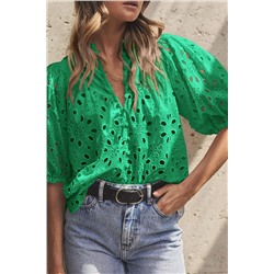 Green Flower Embroidered Hollow-out Puff Sleeve Blouse