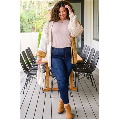 White Color Block Knitted Open Front Plus Size Cardigan