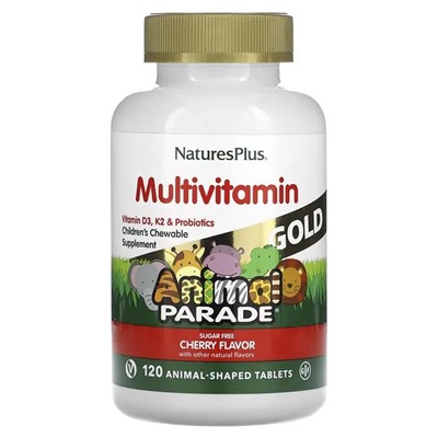 Nature's Plus, Source of Life, Animal Parade Gold, добавка для детей с мультивитаминами и микроэлементами, натуральный ароматизатор «Вишня», 120 таблеток в форме животных