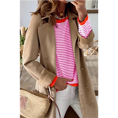 Pink Contrast Trimmed Striped Drop Shoulder Sweater