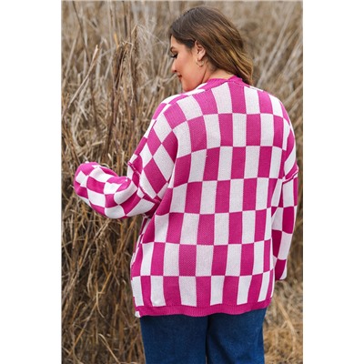 Bonbon Checkered Pattern Open Front Plus Size Cardigan