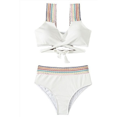 White Ricrac Trim Crossover Ribbed High Waist Bikini