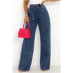 Dark Blue Drawstring Elastic Waist Wide Leg Jeans