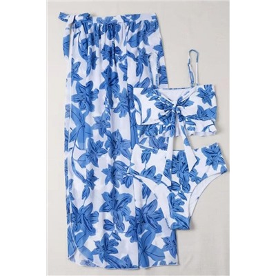 Sky Blue 3pcs Floral Twist Front Bikini with Cover-up Swimsuit