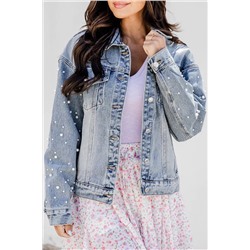 Sky Blue Pearl Beaded Chest Pockets Buttoned Denim Jacket