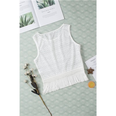 White Lace Crochet Hollow out Fringed Tank Top