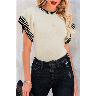 Beige Contrast Trim Round Neck Batwing Sleeve Knitted Top