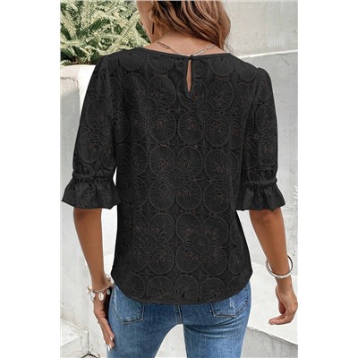 Black Flower Eyelet Jacquard Keyhole Flounce Sleeve Top